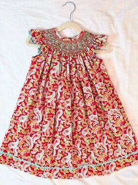Banana Split 3T Smocked Bishop Dress Red Paisley Floral Boutique